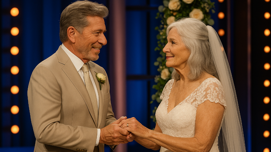 Older couple happily marrying, capturing The Golden Bachelor’s spirit.