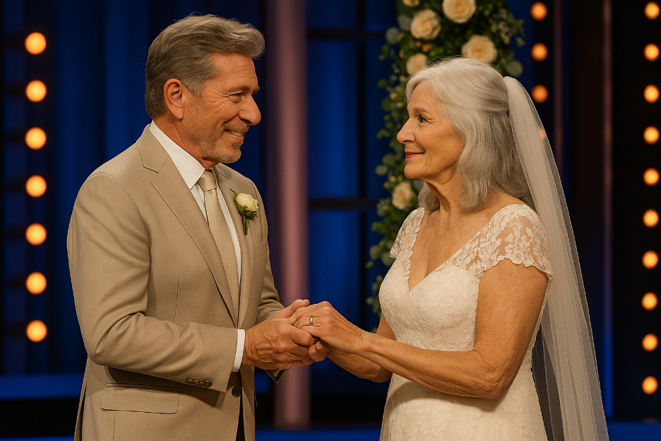 Older couple happily marrying, capturing The Golden Bachelor’s spirit.