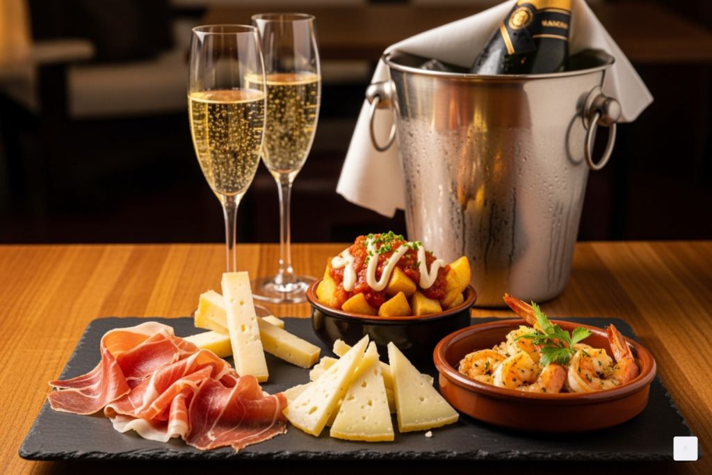 Cava paired with a platter of Spanish tapas - cava