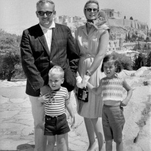 Prince Rainier, Princess Grace, & their children Albert & Caroline in Athens, Greece 1961